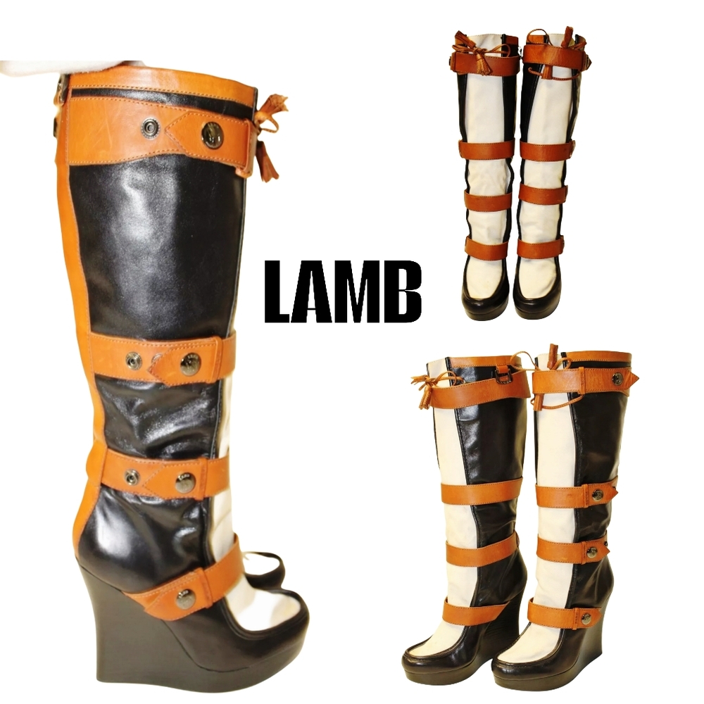 L.A.M.B. Baby  7.5 39 Leather Wedge Strap Knee High Boots - Picture 2 of 15